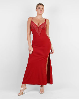 Maxi Jurk met Diepe V-Hals, Hoge Split & Ingebouwde Shapewear