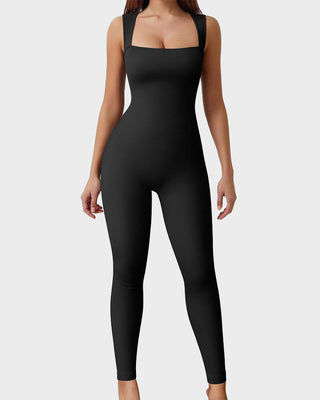Geribde Mouwloze Workout Jumpsuit met Vierkante Hals