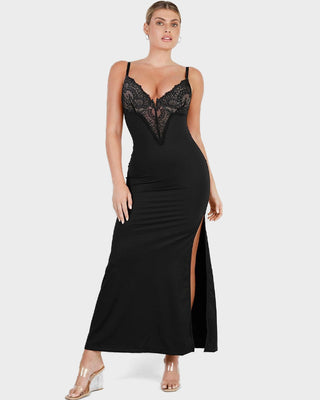 Maxi Jurk met Diepe V-Hals, Hoge Split & Ingebouwde Shapewear