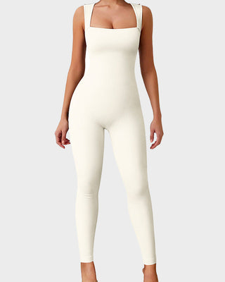 Geribde Mouwloze Workout Jumpsuit met Vierkante Hals