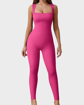 Geribde Mouwloze Workout Jumpsuit met Vierkante Hals