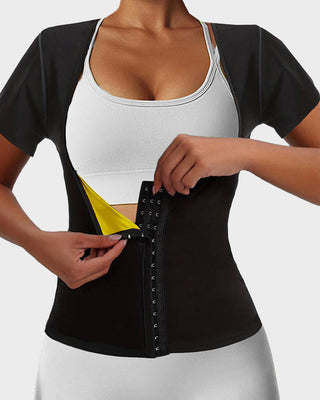Dames Sauna Top met Korte Mouwen – Knopensluiting, Buste Support & Buikcontrole