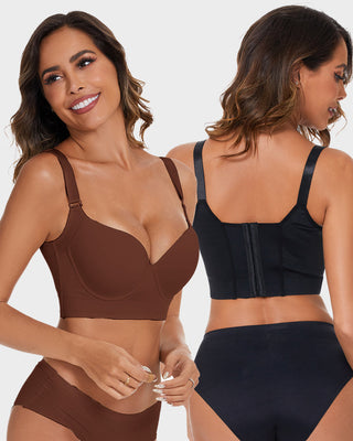 Yack Saint® Full-Coverage V-Hals Rugcorrigerende BH – Zwart + Bruin (2-Pack)